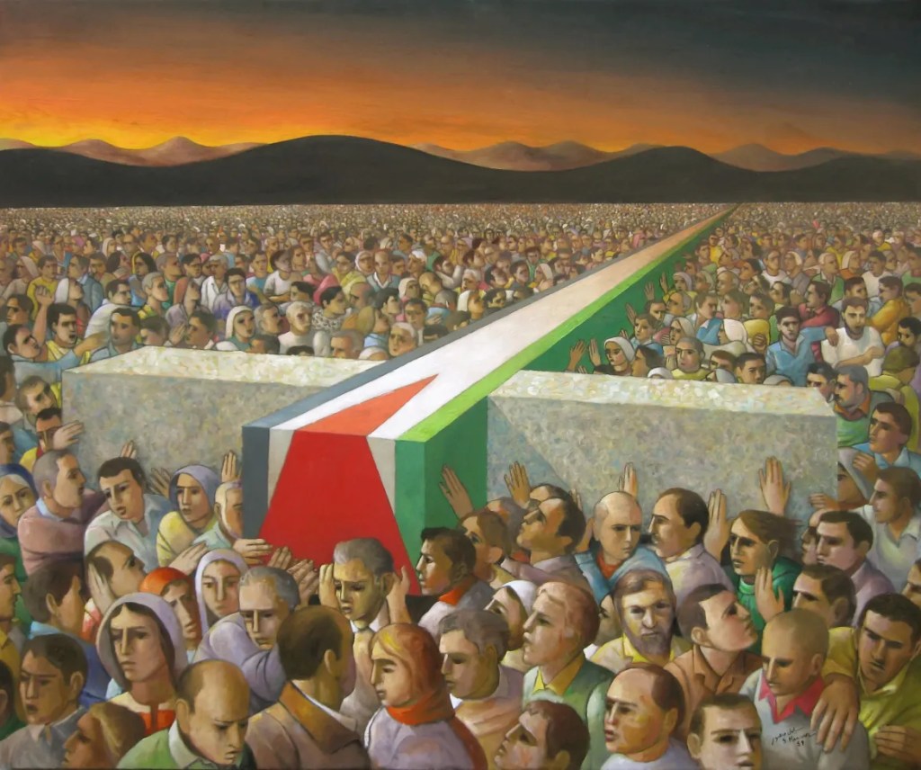 In this oil painting, a highly symbolic funeral scene unfolds: vast crowds carry the coffin of a Palestinian, draped in the Palestinian flag and depicted as a large cross, evoking the Christian narrative of the crucifixion of Christ.